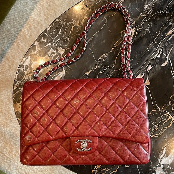 CHANEL Handbags - Chanel Burgundy Caviar Quilted CC Maxi Double Flap Chain Shoulder Bag